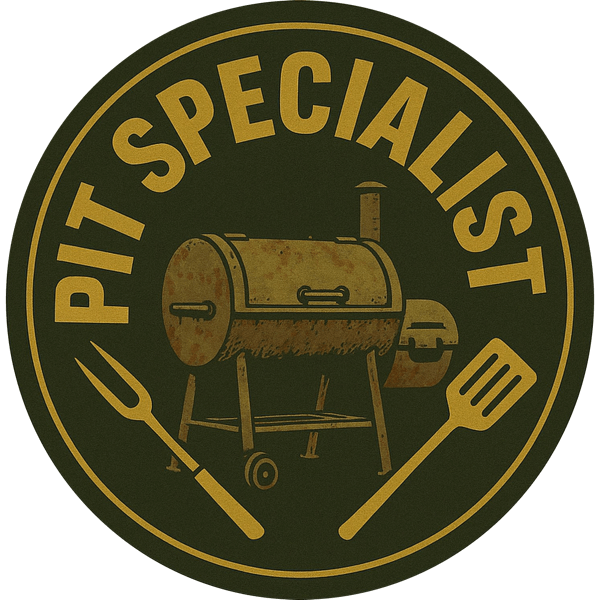 Logo of 'Pit Specialist' with a grill and utensils on a dark background
